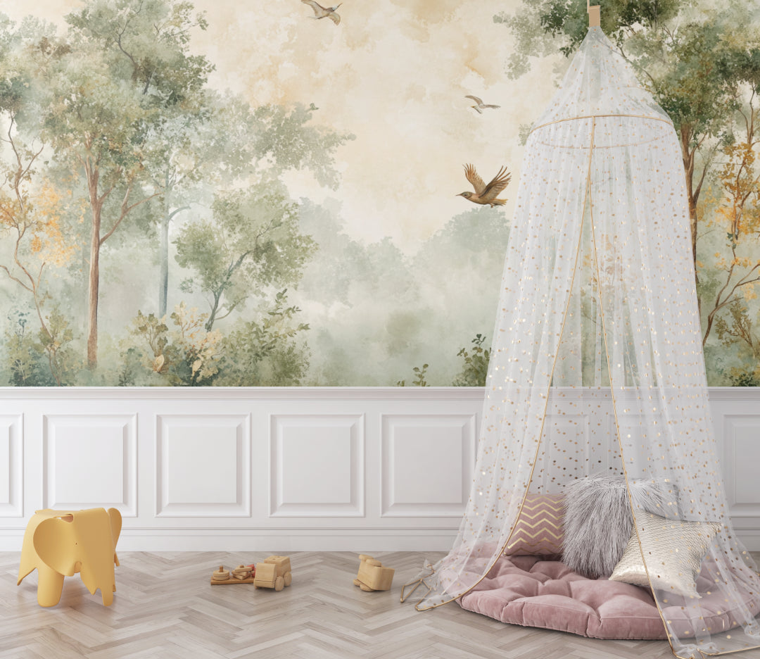 Forest wall mural with flying birds showcased in a bright living room, creating a peaceful atmosphere