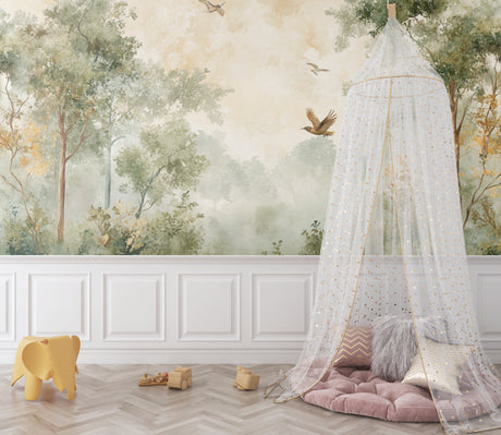 Forest wall mural with flying birds showcased in a bright living room, creating a peaceful atmosphere
