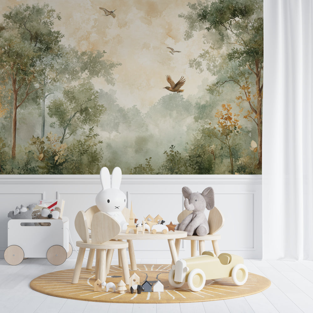 Misty forest wallpaper with birds displayed in a modern bedroom setting