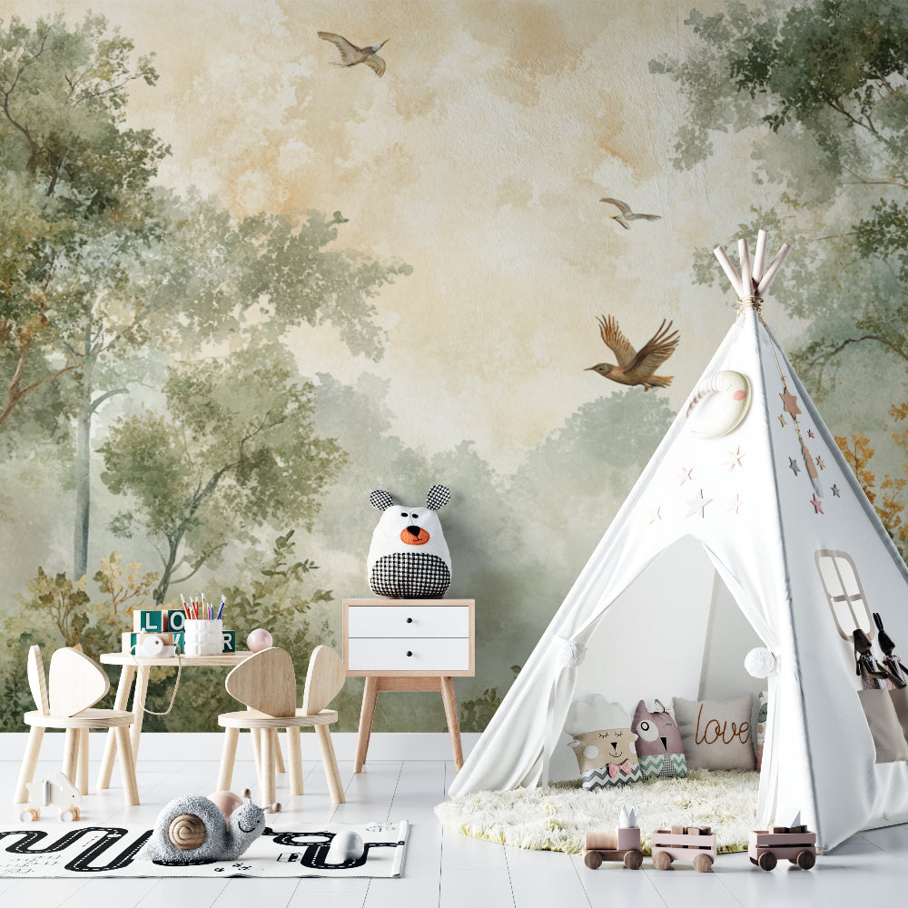 Nature wall mural featuring misty trees in a cozy dining room