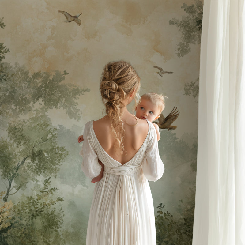 Woodland birds wallpaper creating depth in a home office space