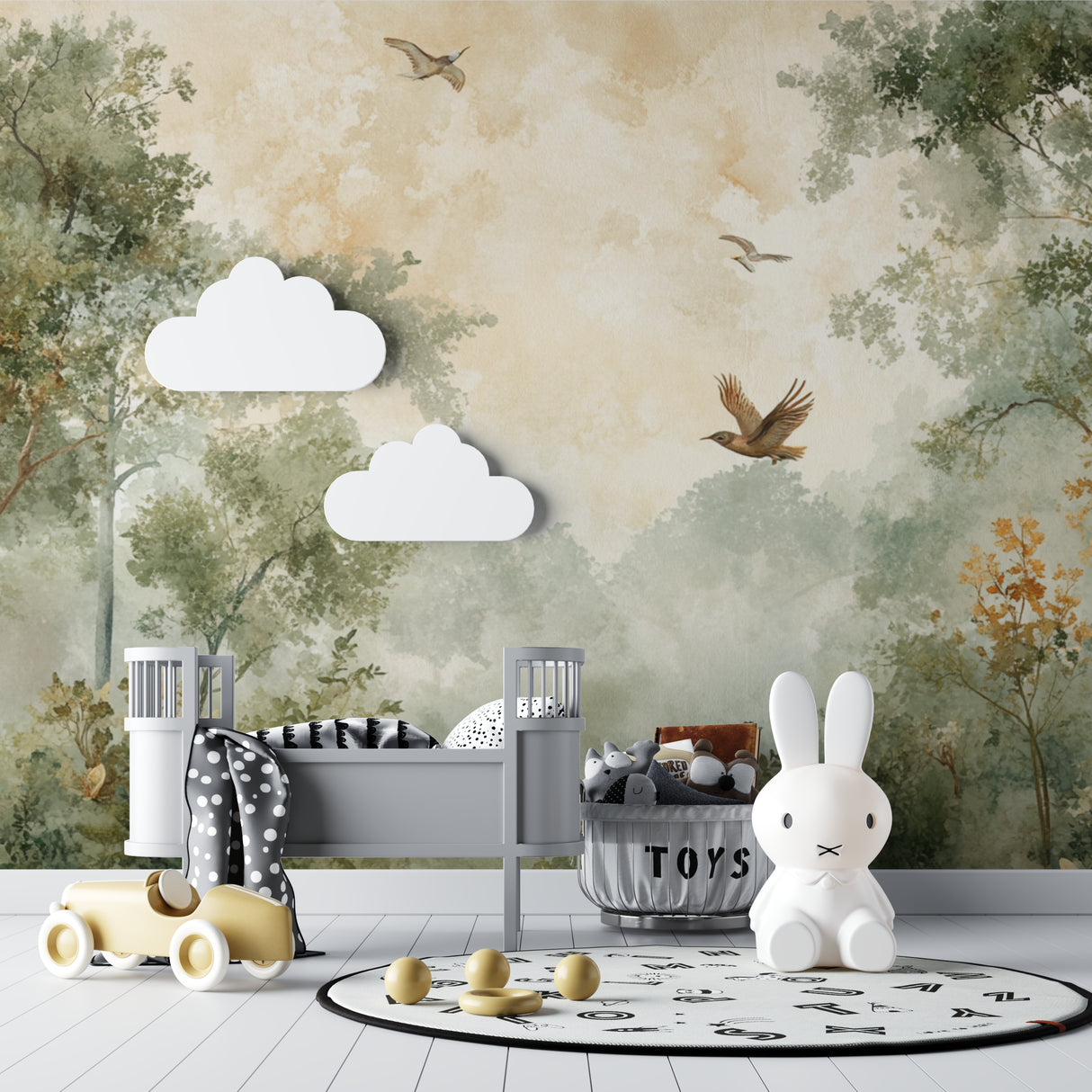 Forest scene wallpaper with flying birds enhancing a hallway