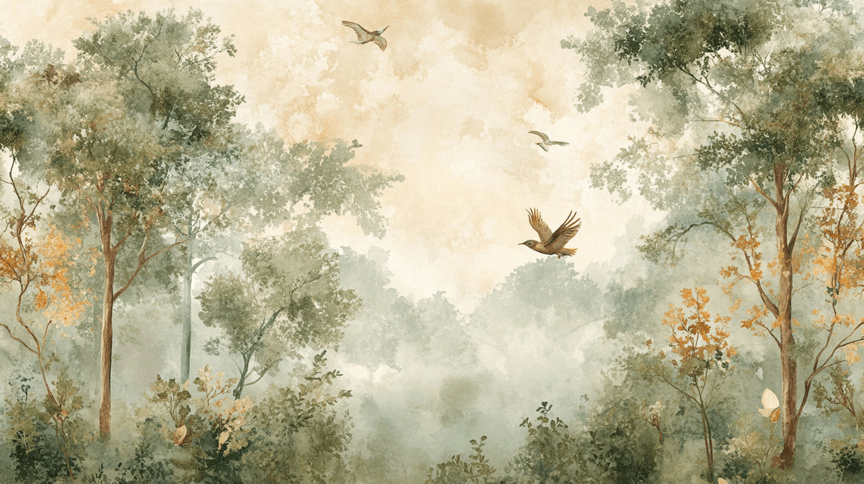 Design file showing detailed misty forest pattern with graceful birds in flight
