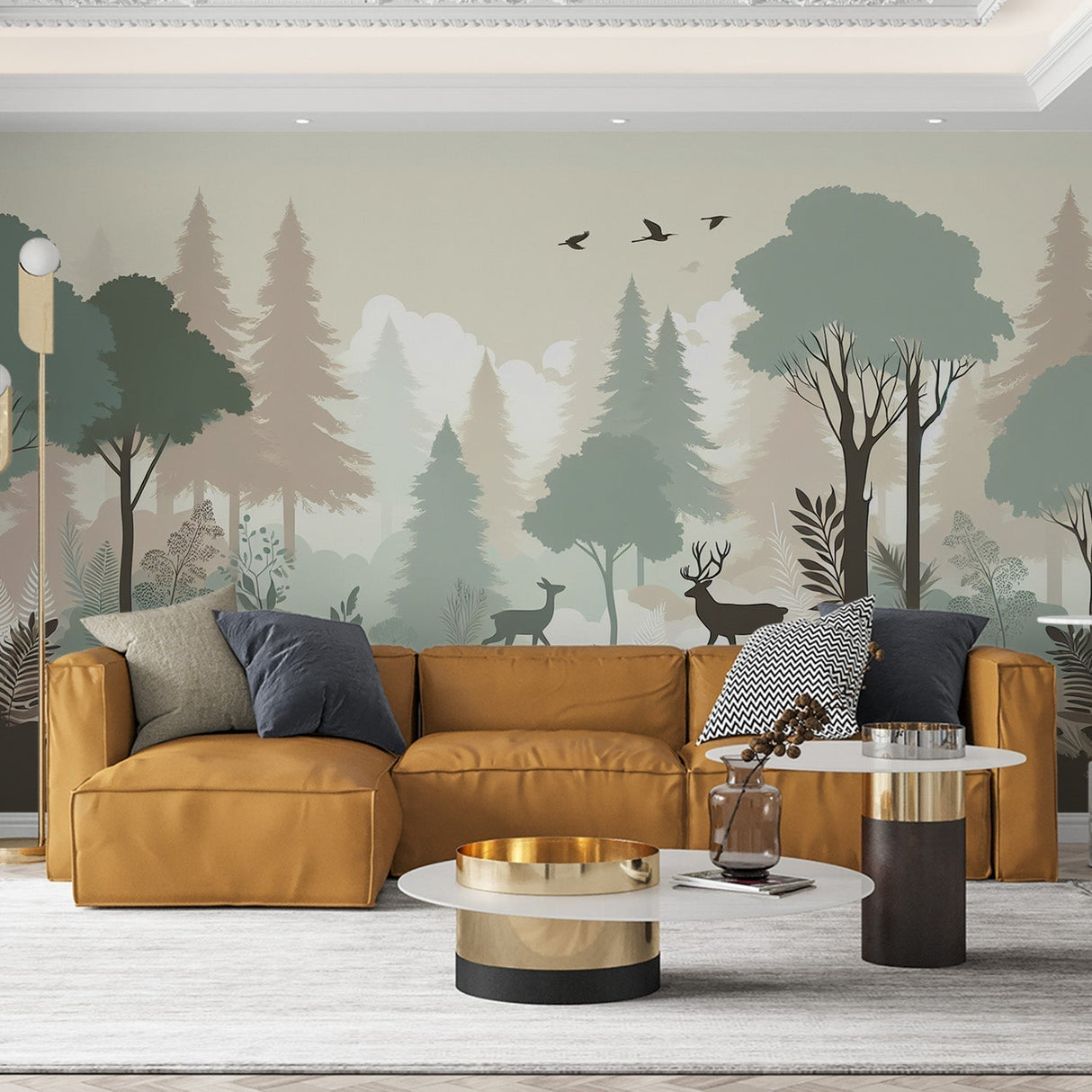 Forest Mural Wallpaper with deer scene styled in a modern living room, creating a peaceful nature-inspired atmosphere