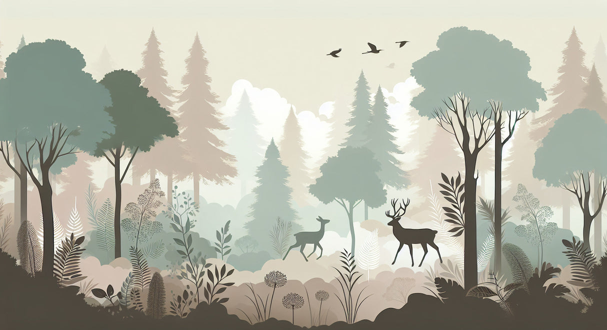 Forest wallpaper design file showing detailed misty woodland scene with gentle deer and trees