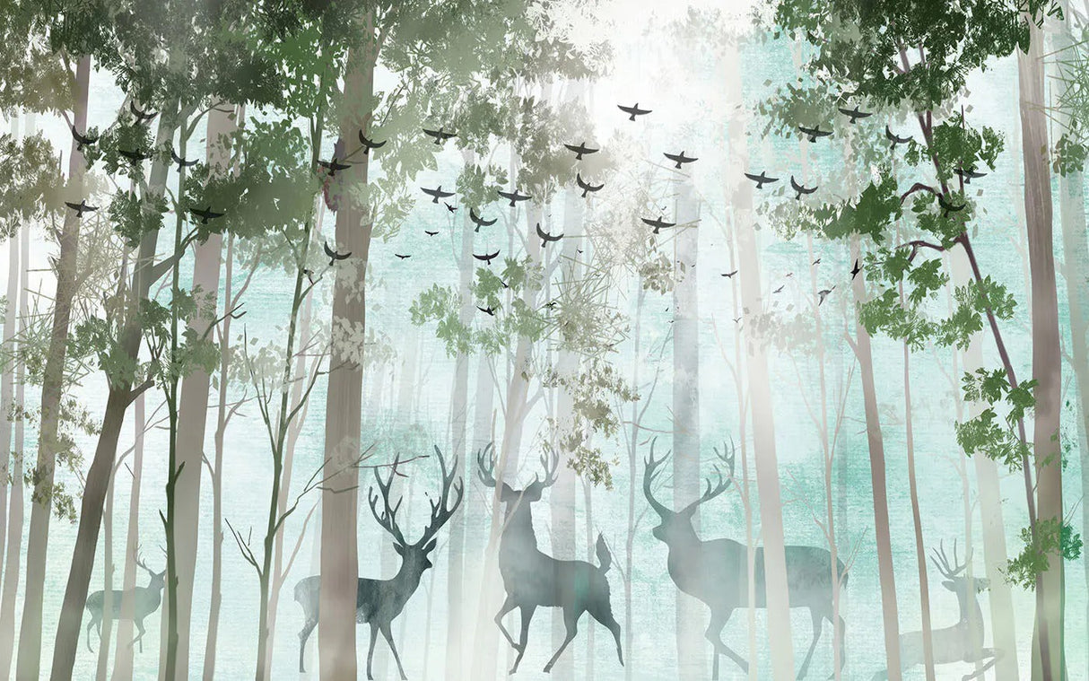 Mint green forest wallpaper design file showing detailed deer and bird silhouettes in morning mist