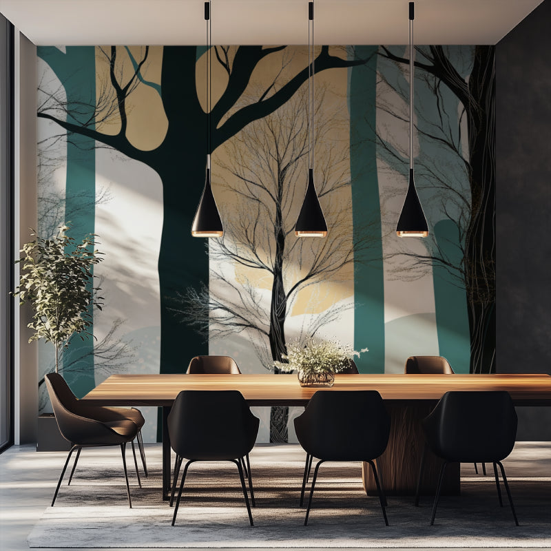 Striped Tree Wallpaper making dining room look taller with modern furniture