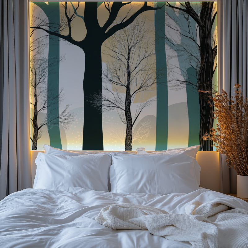 Forest Mural in home office with desk and wooden accents