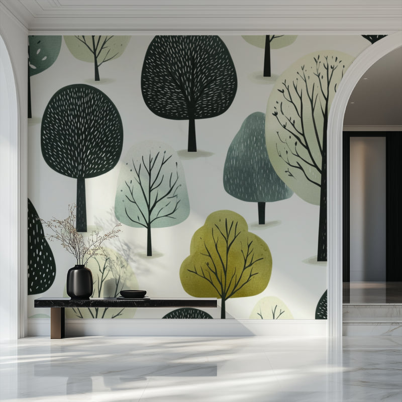 Contemporary home office featuring forest tree pattern wallpaper with minimalist furniture