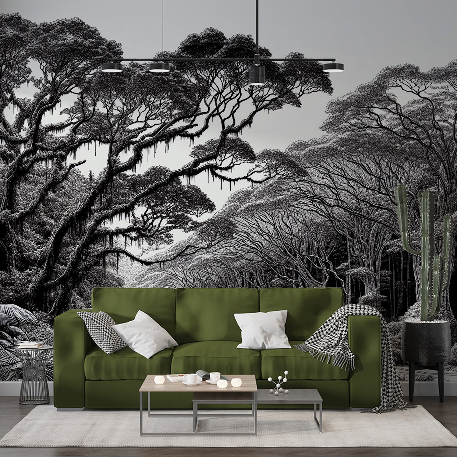 Monochrome forest wallpaper creating depth in a modern living room with high ceilings and minimal furniture