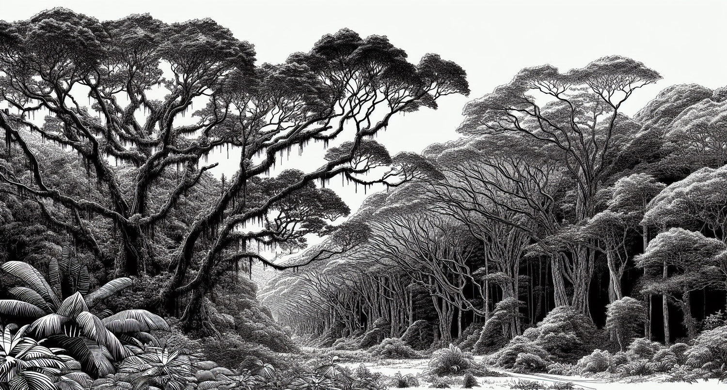 Black and white forest canopy design file showing intricate tree patterns and shadow details