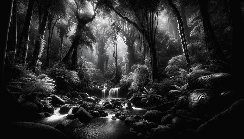 Monochrome waterfall forest wallpaper design file showing detailed nature pattern