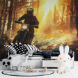 Motorcycle adventure wallpaper bringing energy to a modern teen bedroom with forest sunset theme
