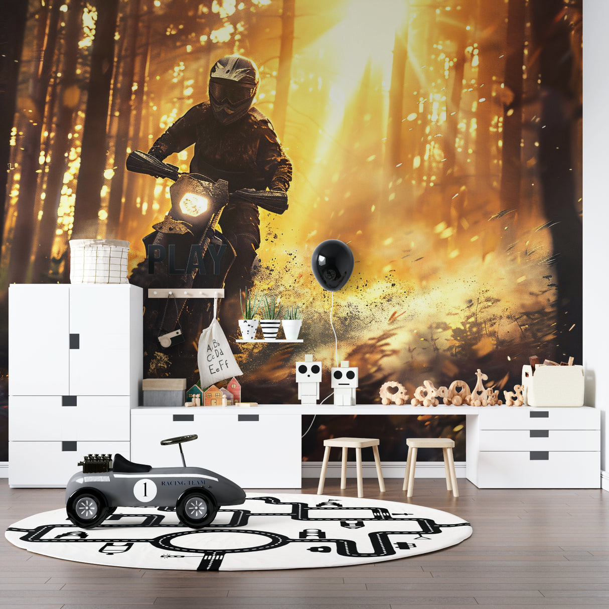 Forest motorcycle mural creating atmosphere in a stylish gaming room setup