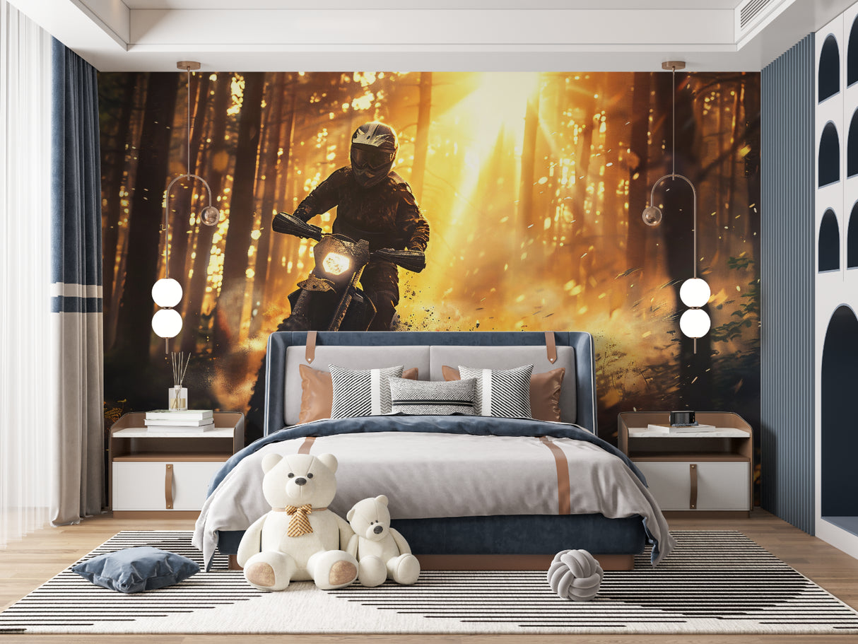 Action sports wallpaper transforming home gym with dramatic sunset forest scene