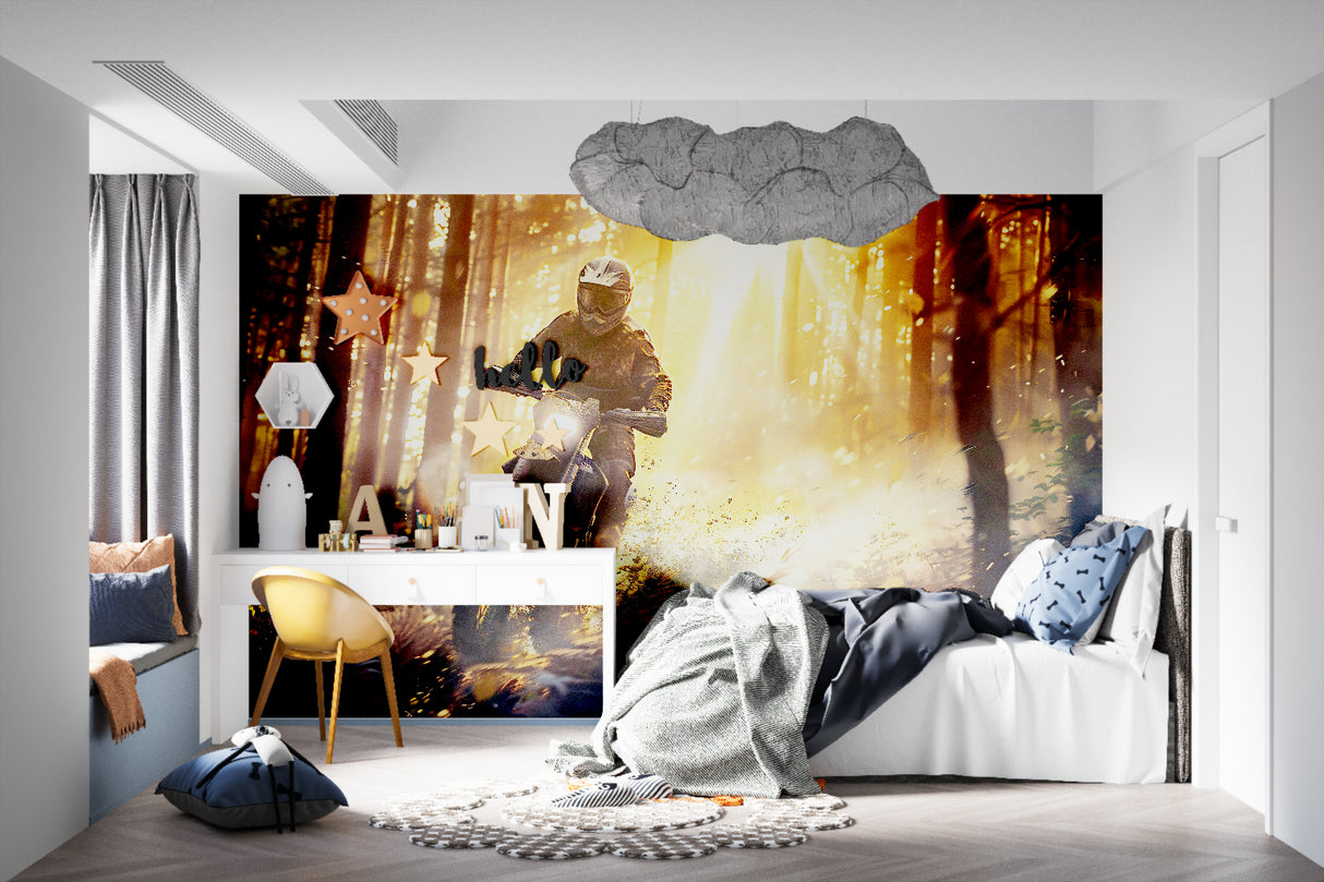 Motorcycle forest wallpaper adding adventure feel to modern office space