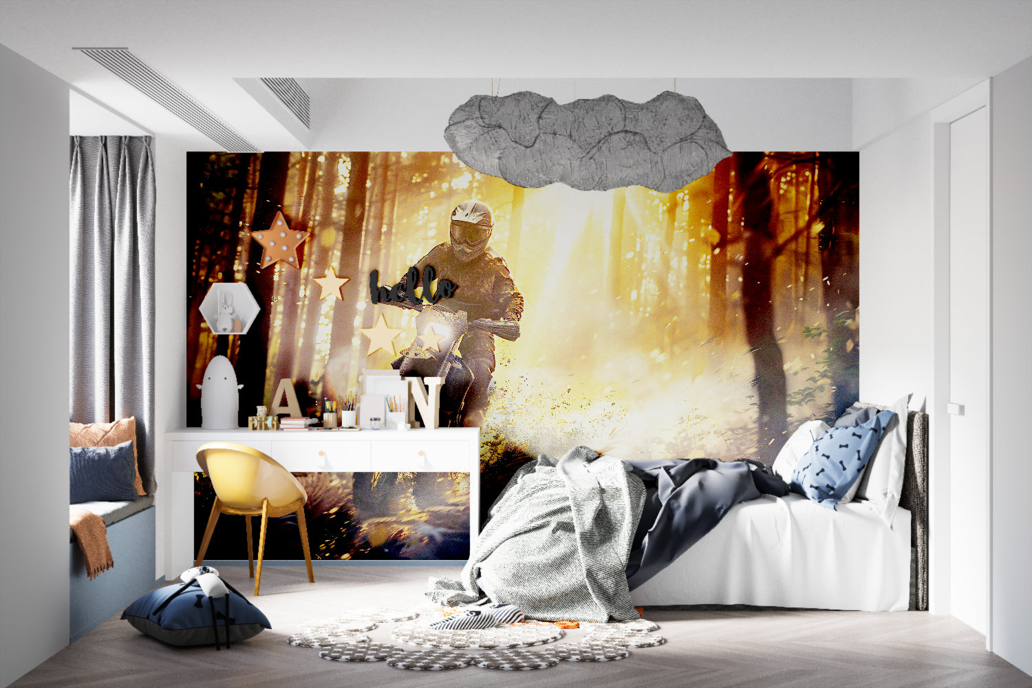 Motorcycle forest wallpaper adding adventure feel to modern office space