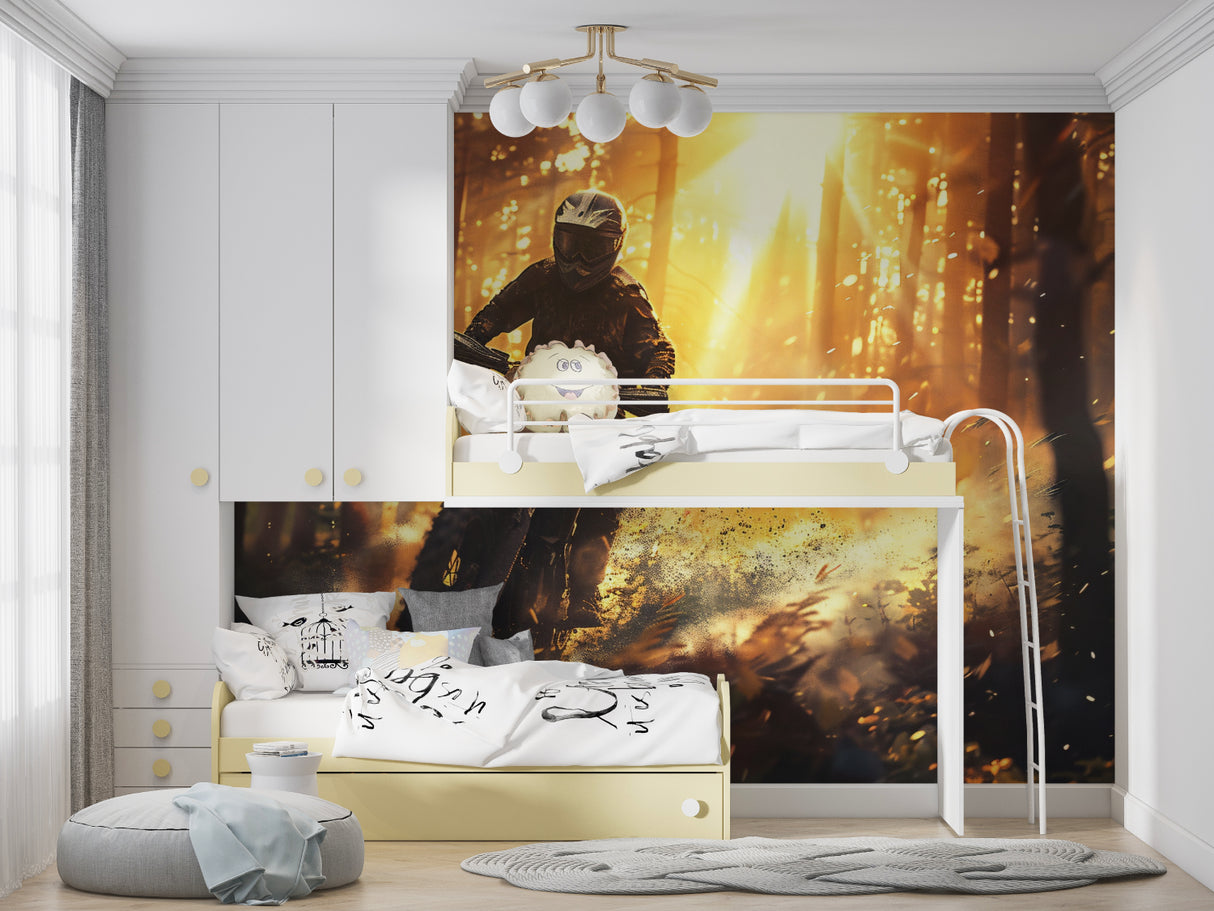 Adventure sports mural enhancing man cave with sunset motorcycle theme