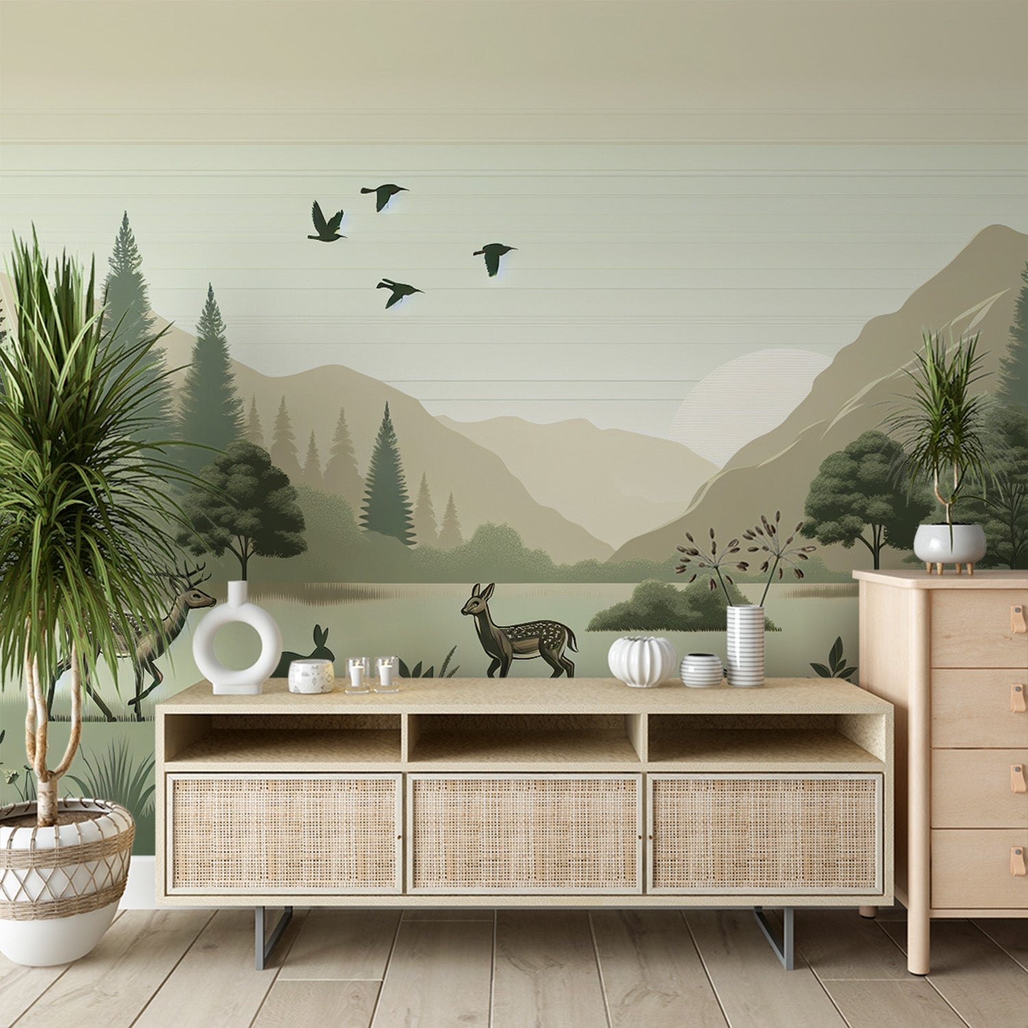 Forest wildlife wallpaper creating a cozy atmosphere in a modern living room with natural light and wooden furniture