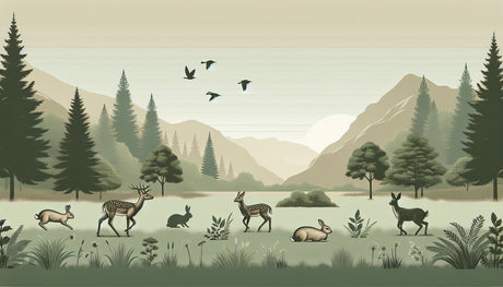 Mountain lake with woodland animals design file showing detailed forest wildlife scene and misty peaks