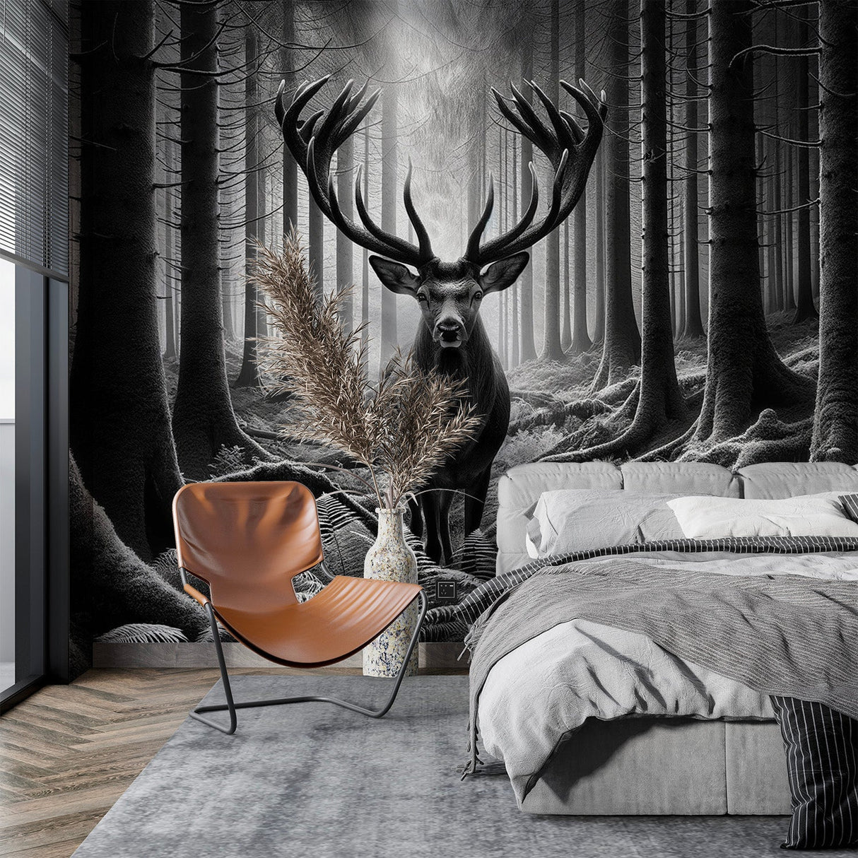 Black and white forest mural wallpaper with deer shown in modern minimalist living room with grey sofa and natural light