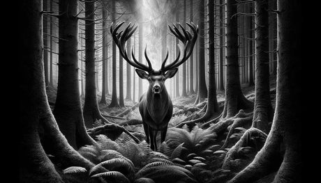 Black and white deer forest wallpaper design file showing detailed misty woodland pattern