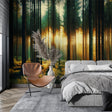 Forest wall mural creating depth in modern living room, sunlit pine trees bring nature indoors