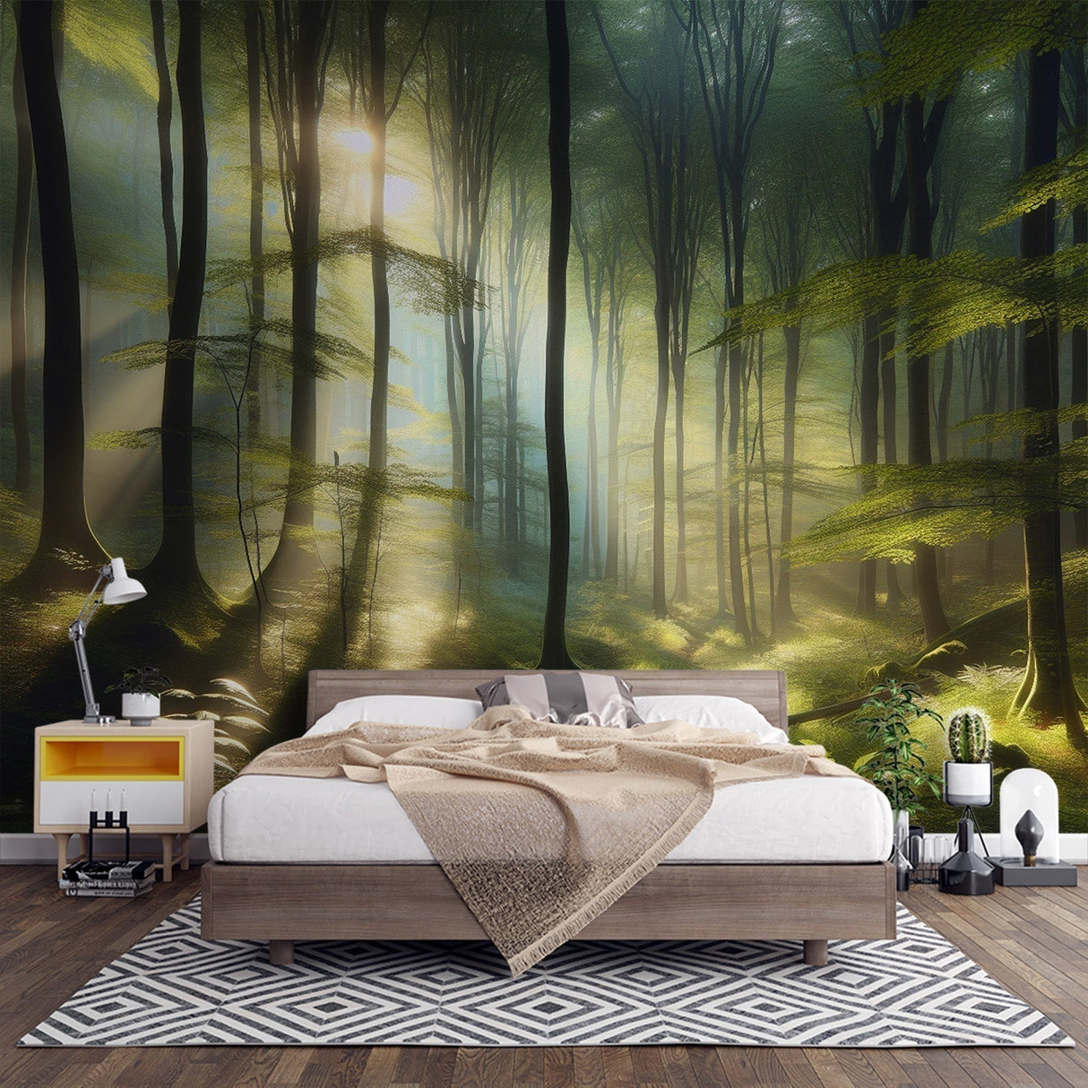 Forest path wallpaper mural in bright modern living room, sunbeams streaming through trees create natural ambiance