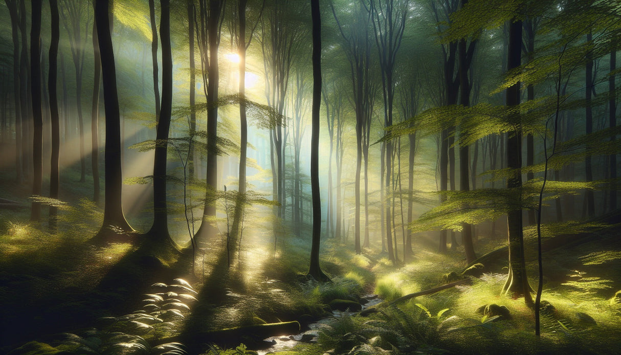 Forest wallpaper design file showing detailed misty morning path with golden sunbeams through trees