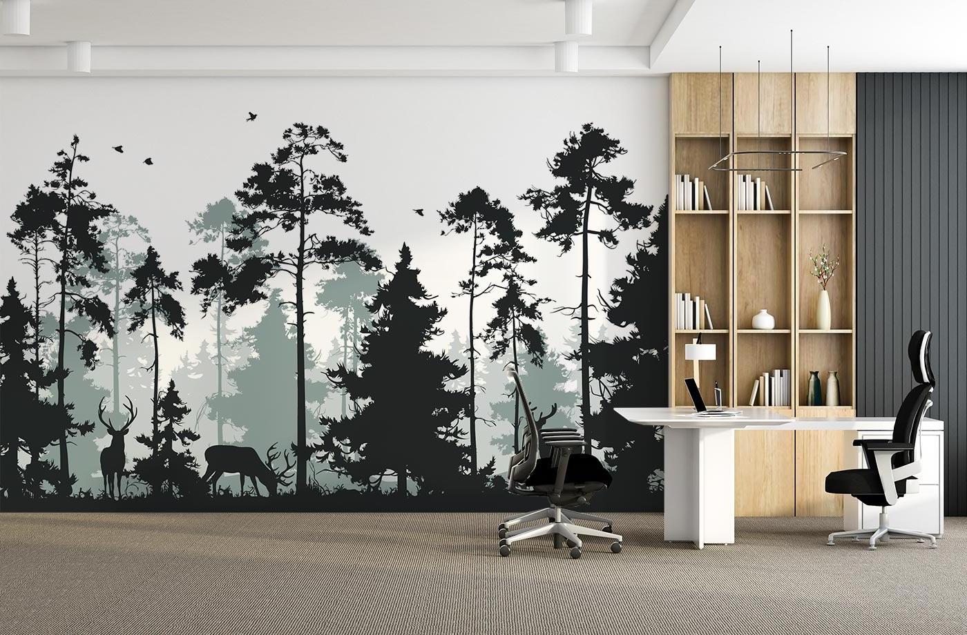 Pine forest wallpaper transforming a bedroom into a peaceful Nordic retreat