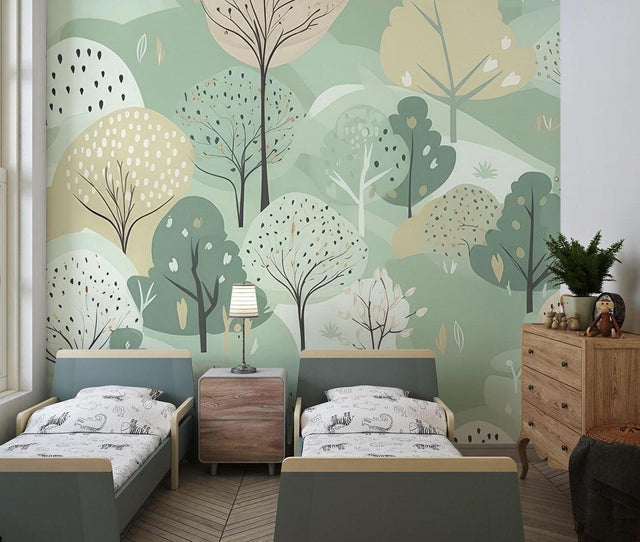 Forest mural wallpaper with abstract trees creating a serene atmosphere in a modern living room setting