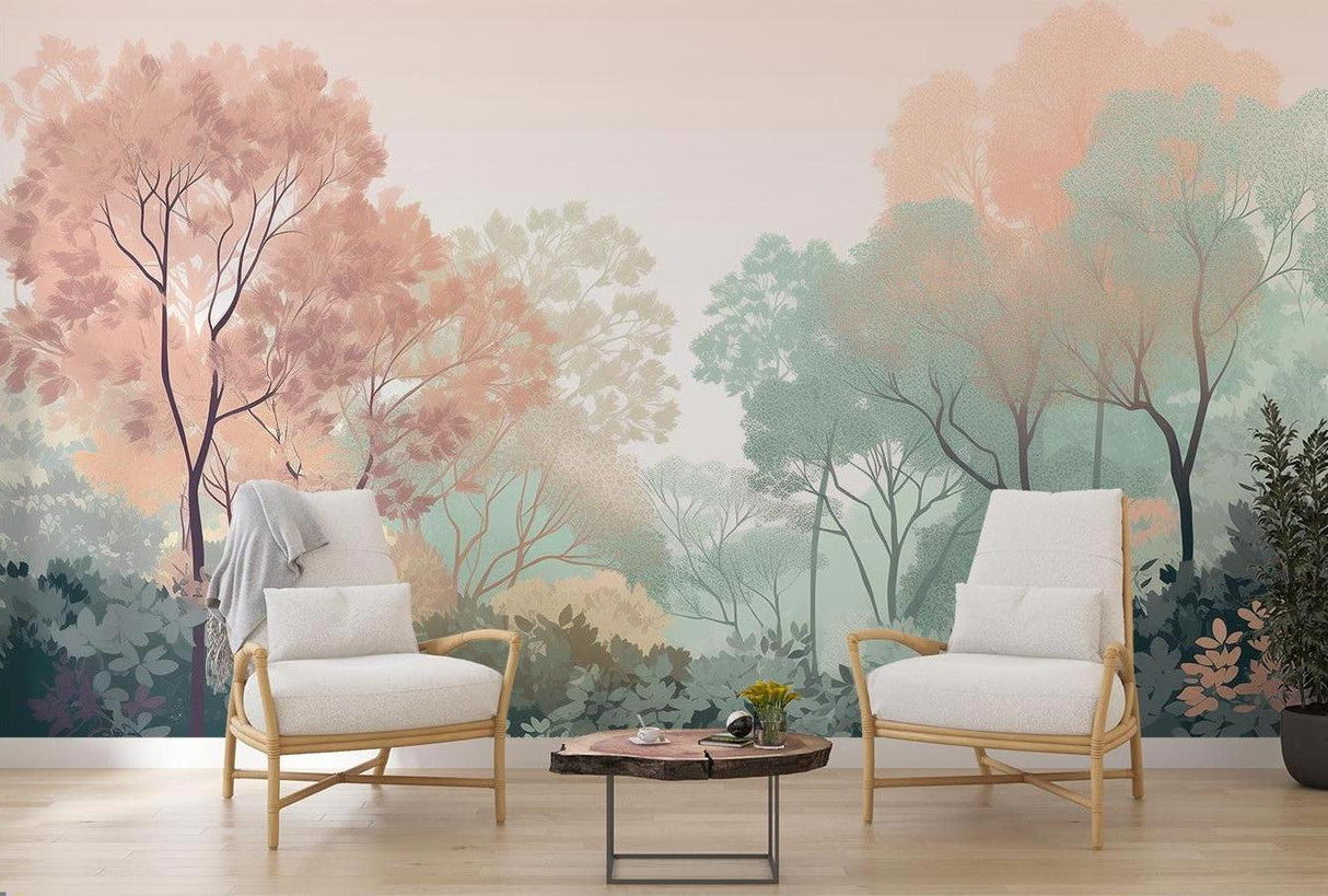 Pastel watercolor tree mural adding a soft, dreamy touch to a nursery with white furniture