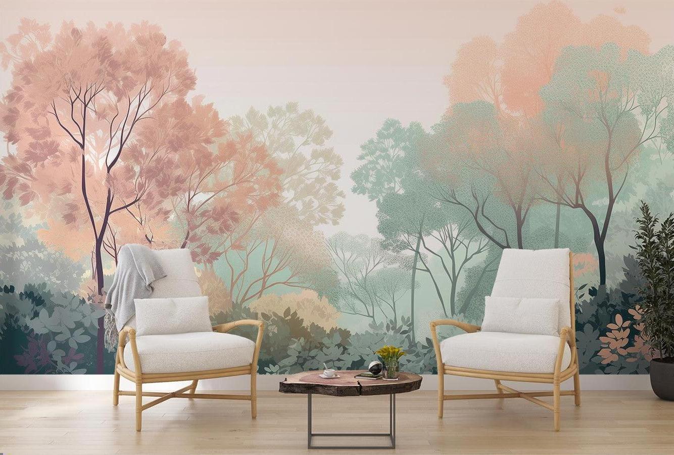 Pastel watercolor tree mural adding a soft, dreamy touch to a nursery with white furniture