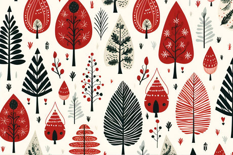 Scandinavian forest pattern design file showing detailed red and black tree motifs on white background