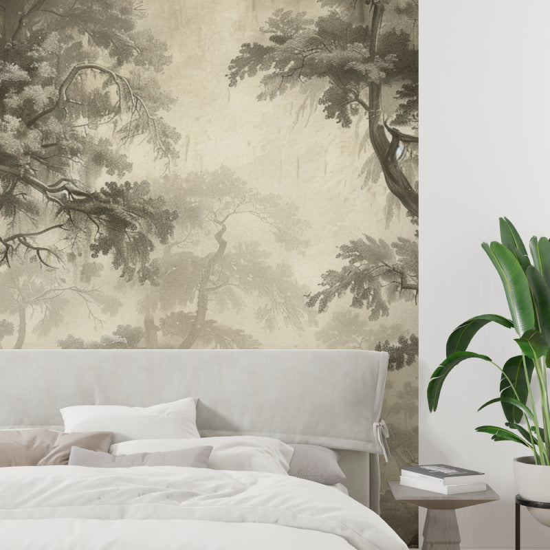 Sepia forest wallpaper mural in modern living room creating depth and warmth
