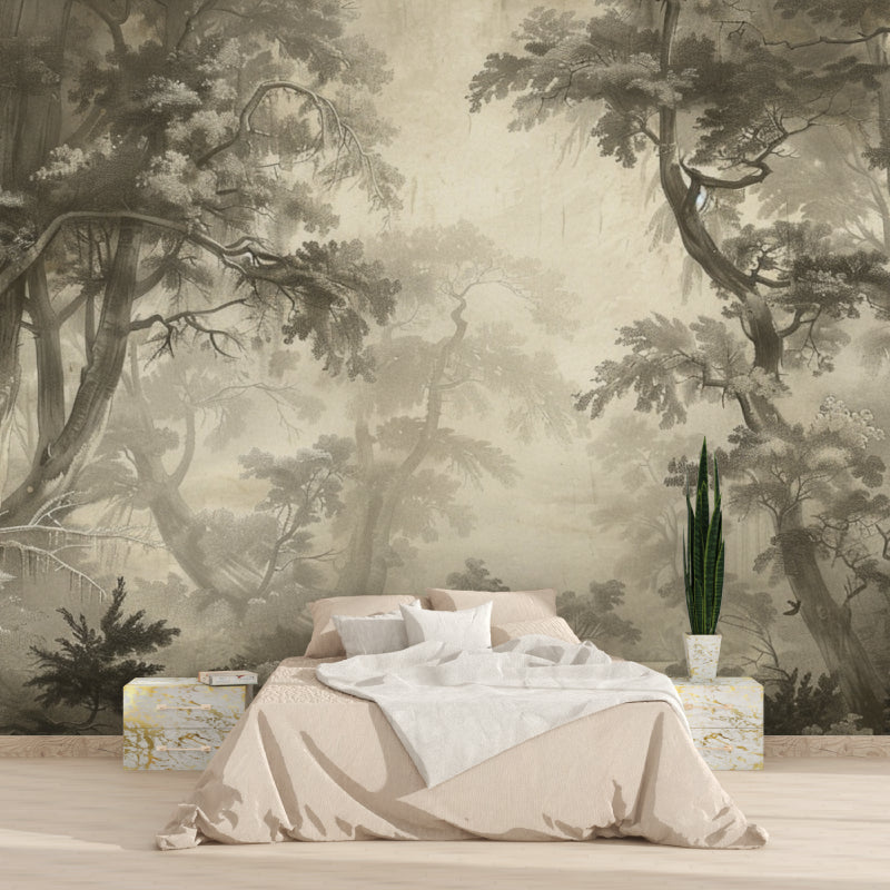 Forest branch wall mural in cozy bedroom setting with natural light