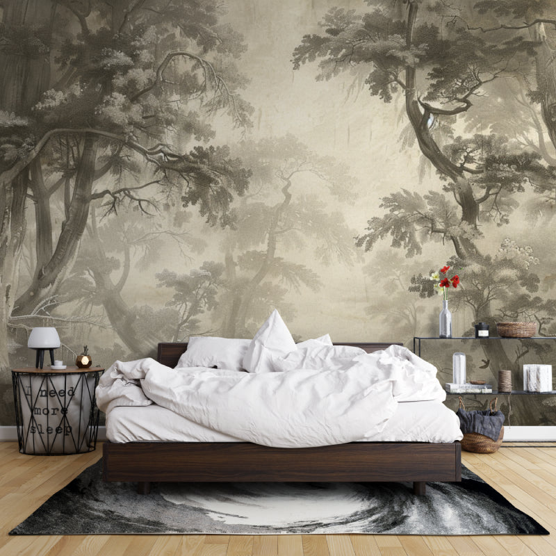 Sepia tree mural in home office showing scale and detail