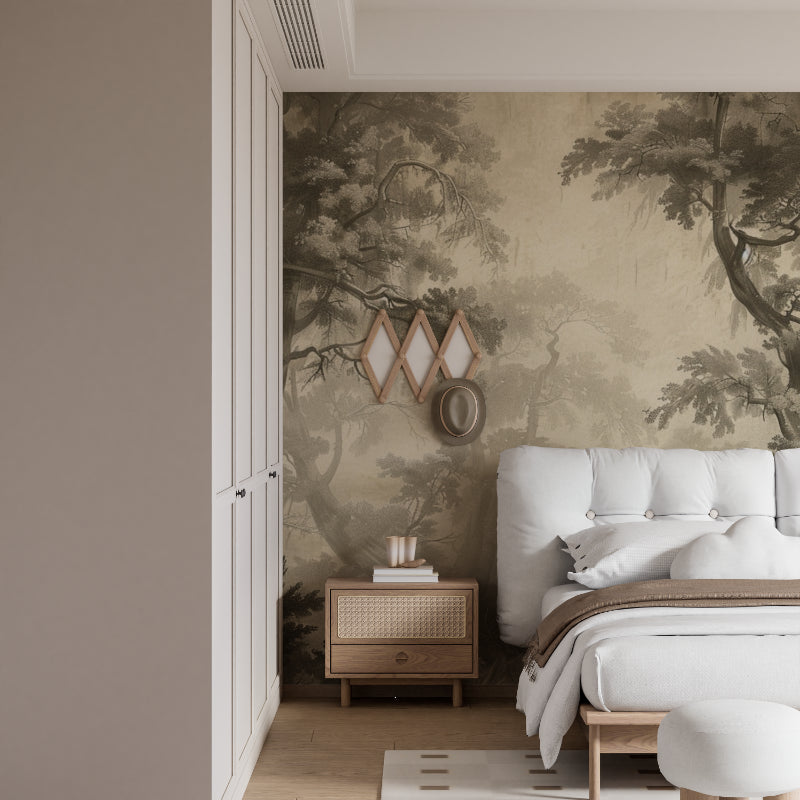 Nature wall mural installation in dining room with soft lighting