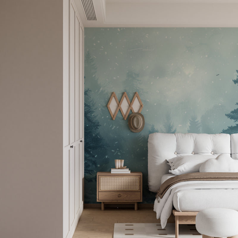 Deer forest mural in a home office showing scale and serene winter atmosphere