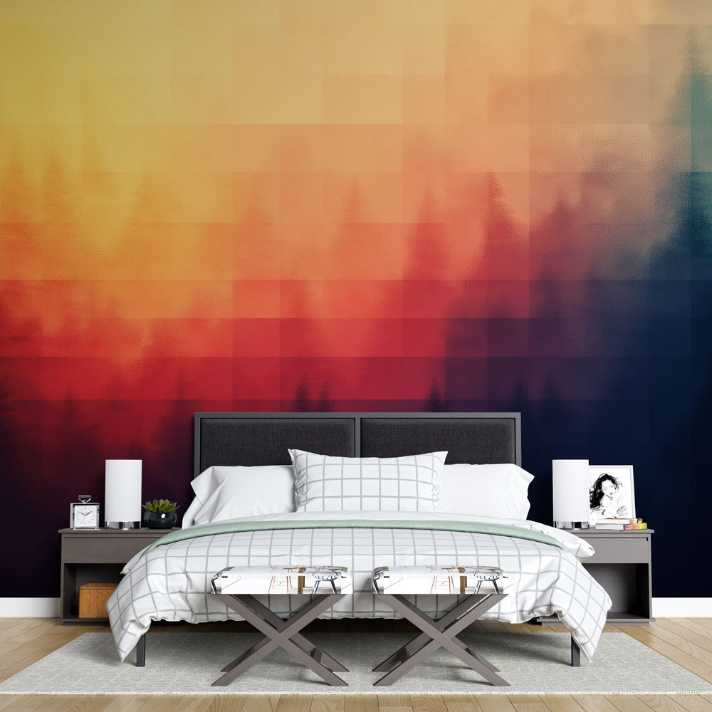 Forest gradient wallpaper creating a cozy atmosphere in a modern living room, sunset colors warming the space
