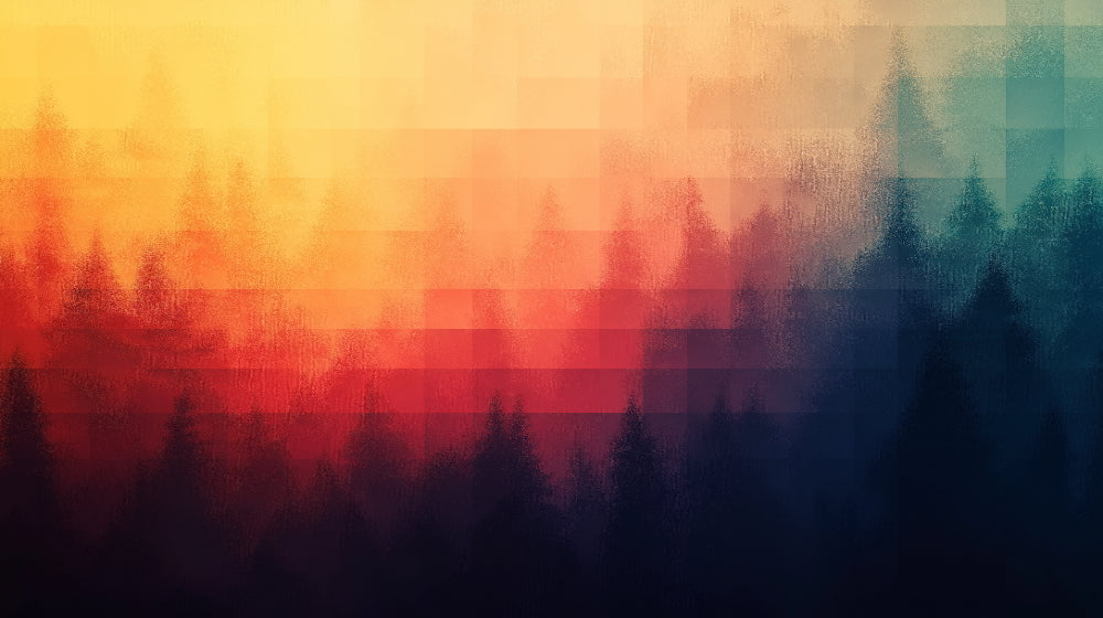 Forest sunset gradient wallpaper design file showing pine silhouettes against orange and blue sky