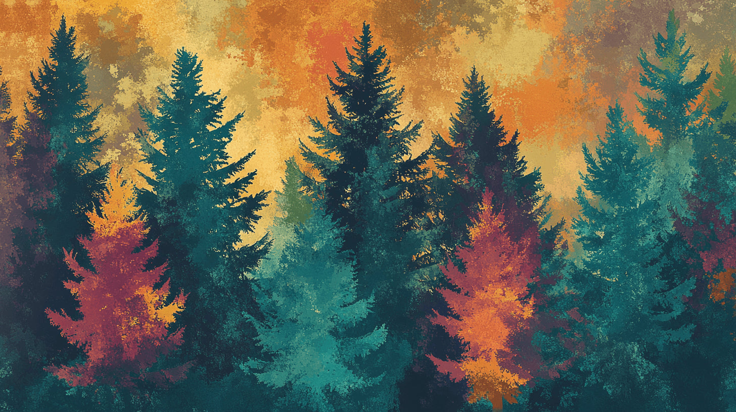 Design file showing detailed pine trees silhouettes against golden sunset sky