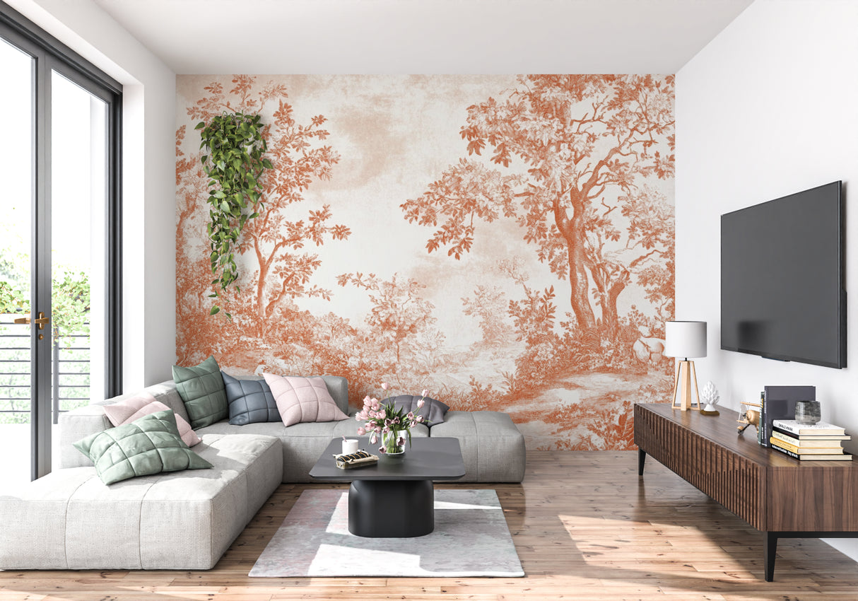 Terracotta forest wallpaper in a modern living room, creating a warm and inviting atmosphere