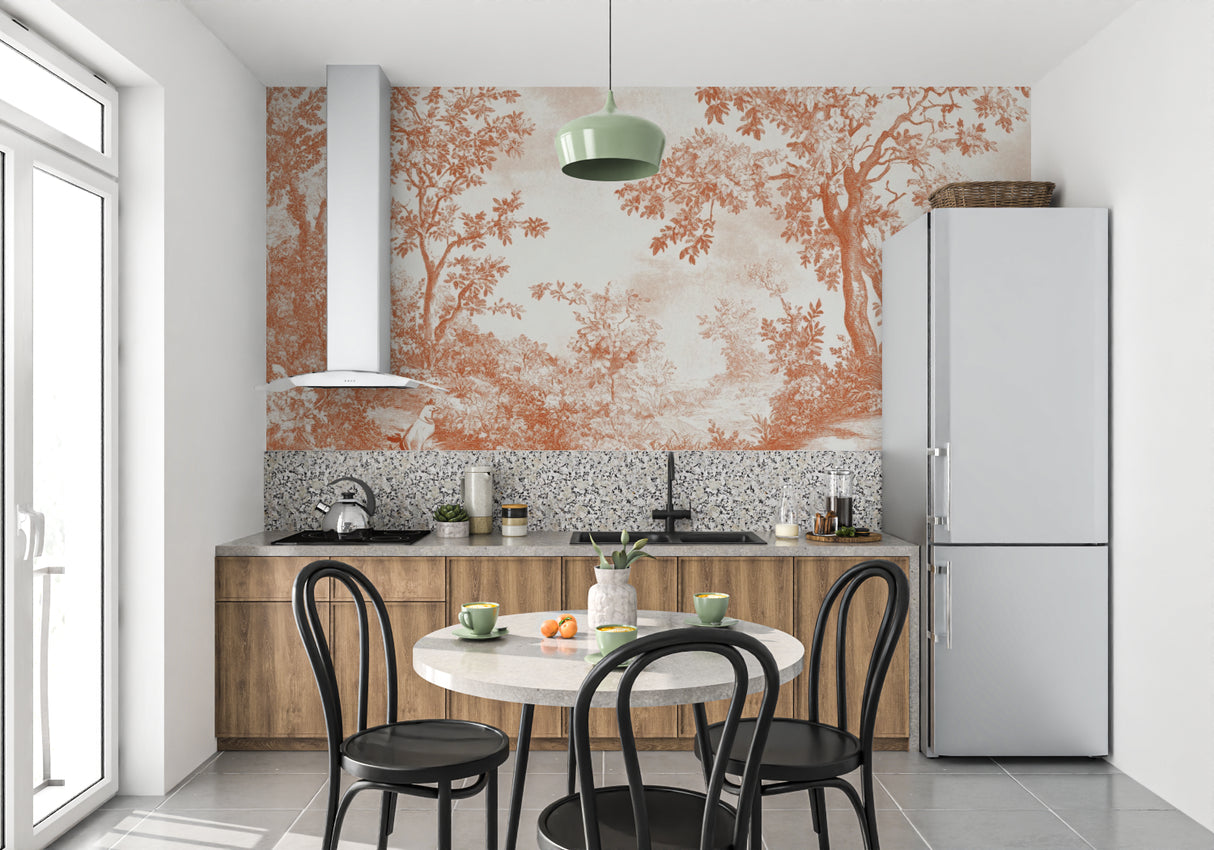 Nature wall mural showcasing terracotta trees in a cozy bedroom setting