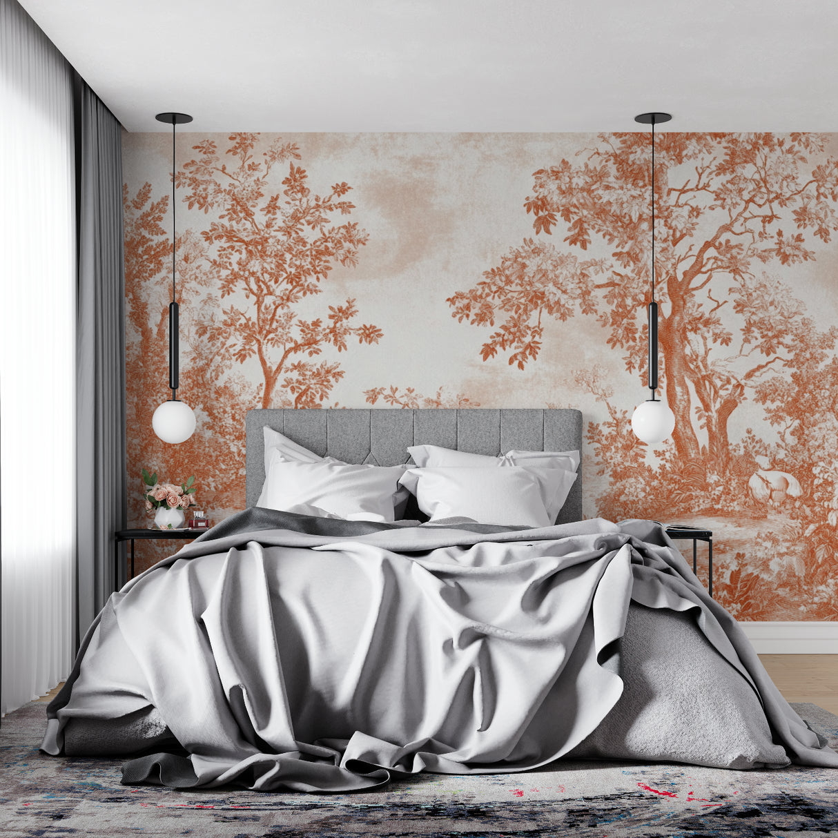 Forest scene wallpaper bringing warmth to a minimal dining room