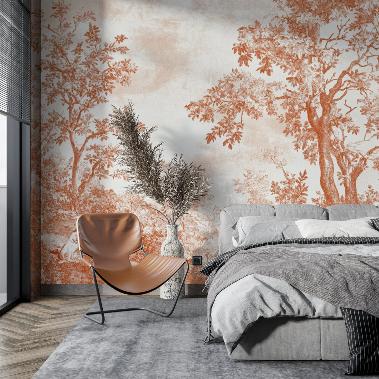 Botanical wall mural in terracotta tones enhancing a home office space