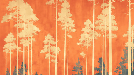 Bedroom with forest wallpaper mural featuring pine trees against terracotta sky