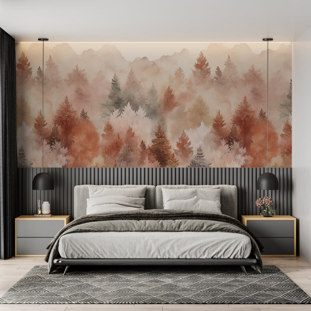 Watercolor forest mural in cozy bedroom with morning light