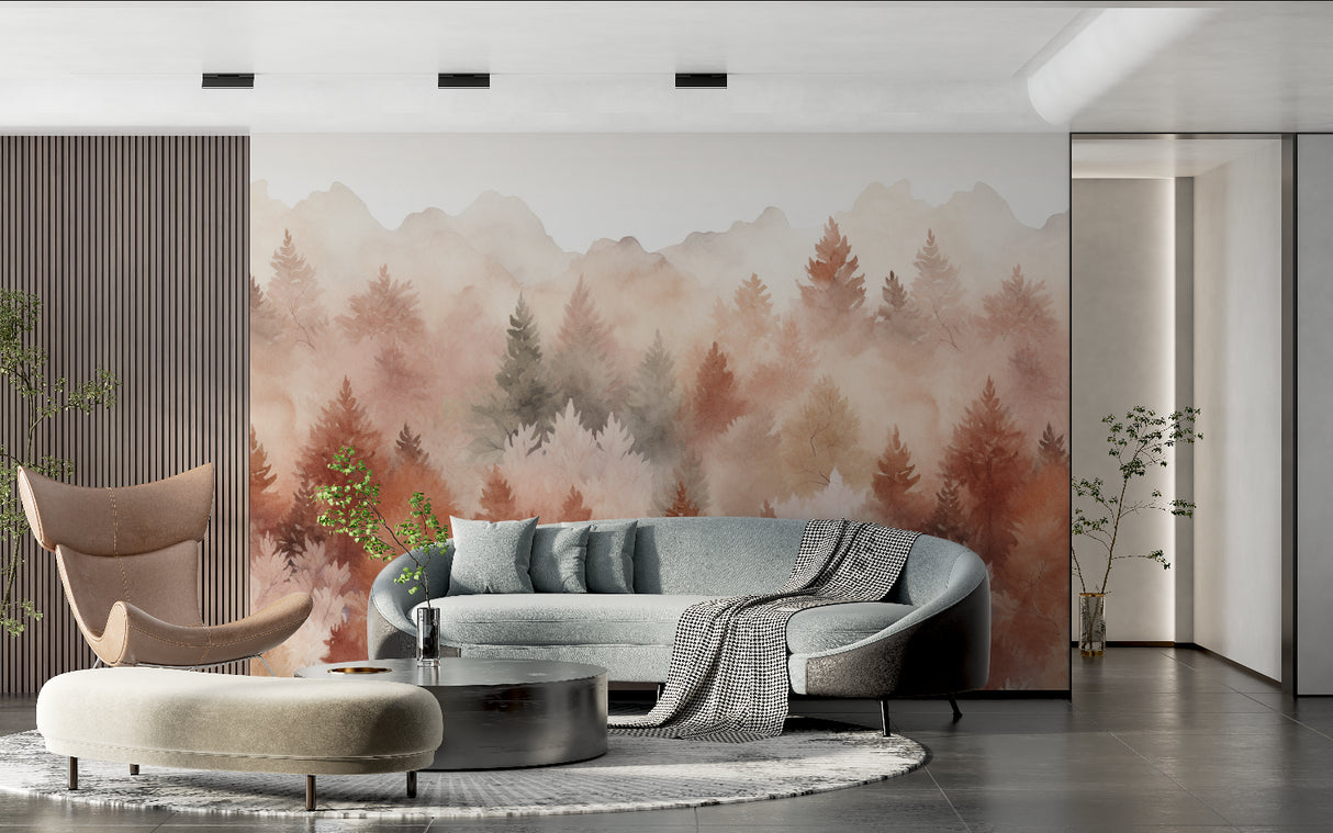 Pine tree wallpaper adding natural feel to dining room