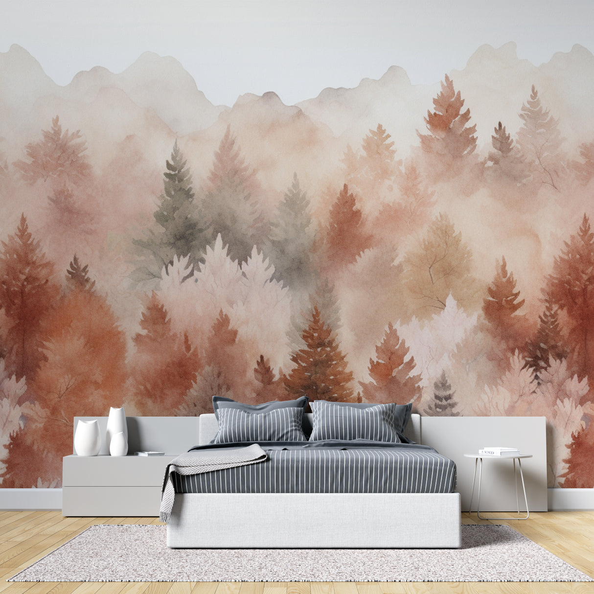 Misty forest mural creating calming atmosphere in home office